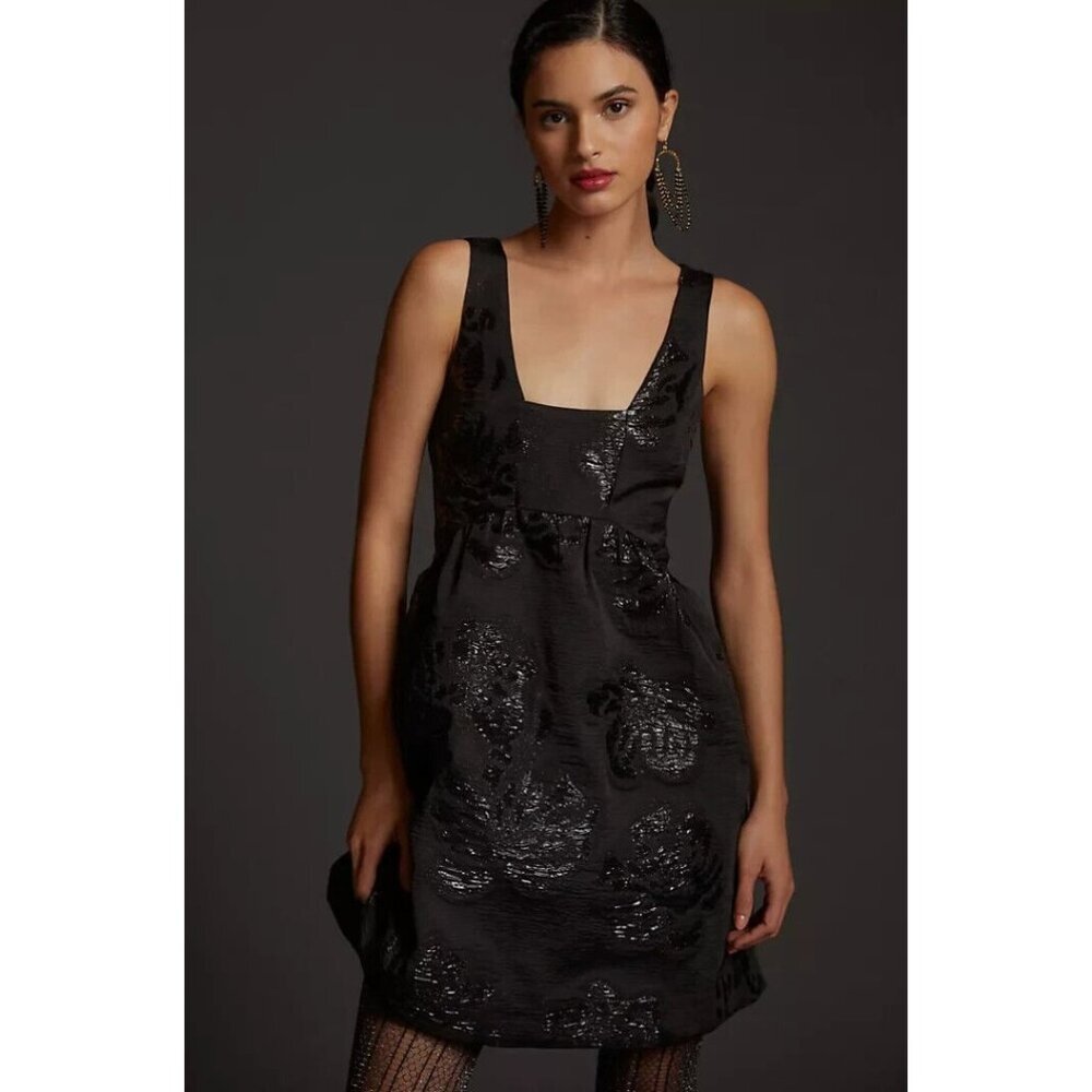 Anthropologie Maeve Black Textured Jacquard Fit Flare Mini Dress EUC Size 4